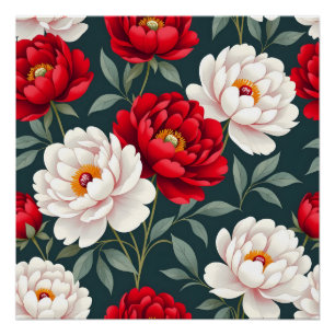 Póster Flores de peonía rojas y blancas