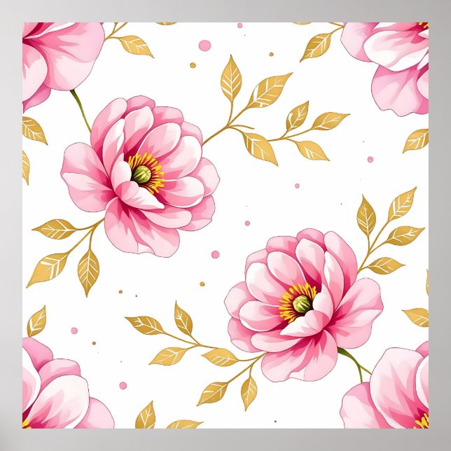 Póster Flores de Peonía Rosa con Patrón de Hojas Doradas (Frente)