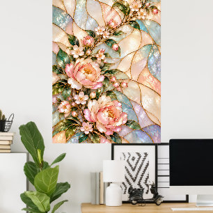 Póster Flores de Peonía Rosadas con Flora de Nácar Azul