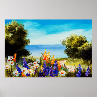 Póster flores de pintura al óleo cerca del mar, campo de 