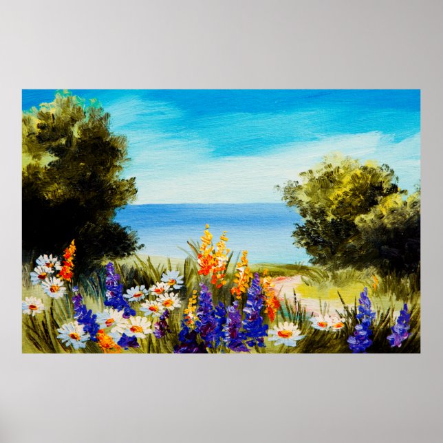 Póster flores de pintura al óleo cerca del mar, campo de  (Frente)