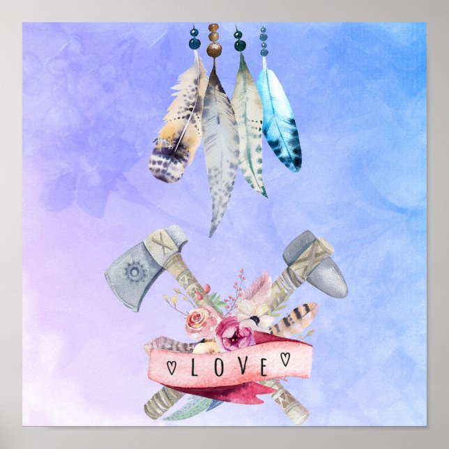 Póster Flores de plumas y el diseño de acuarelas de amor (Frente)