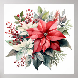 Póster Flores de Poinsettia de color rojo bonito navideño