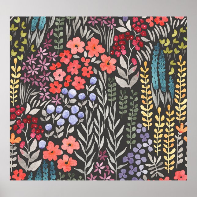 Póster Flores de pradera: Floral sin costuras acuarela (Frente)