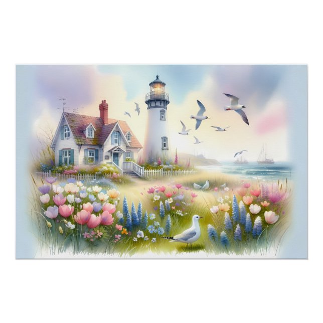 Póster Flores de primavera por cabaña costera de faro (Anverso)