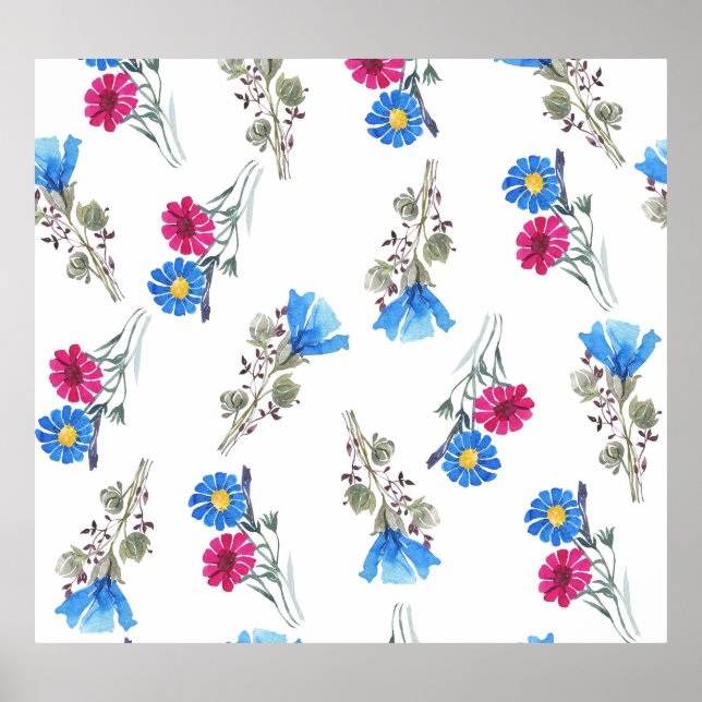 Póster Flores de primavera rosada acuarela Botánica (Frente)