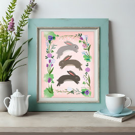 Póster Flores de primavera y conejos saltantes |