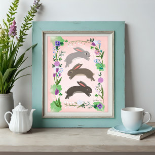 Póster Flores de primavera y conejos saltantes
