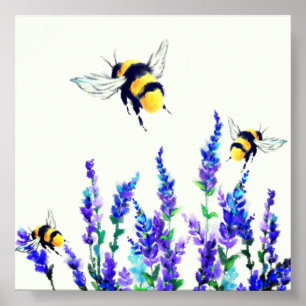 Póster Flores de primavera y pintura de abejas