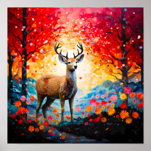 Póster Flores de puesta de sol dorada Otoño Bosque Ciervo