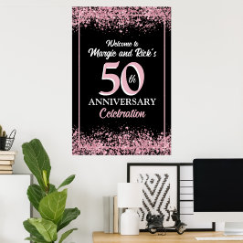 Póster Flores de purpurina falsas rosadas 50 aniversario 