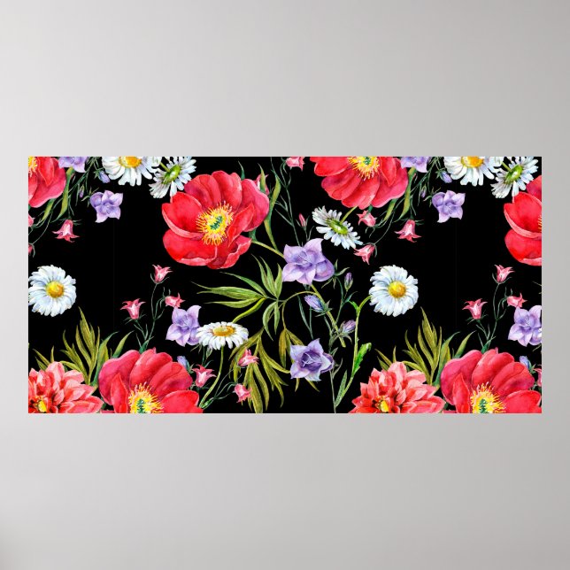Póster Flores de ramo, acuarela, patrón ininterrumpido (Frente)