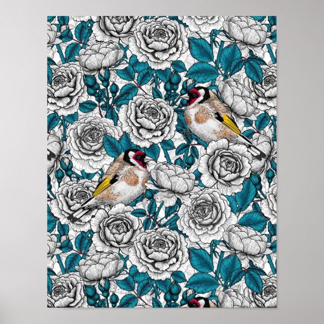 Póster Flores de rosa blanca y pájaros dorados (Frente)