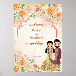 Póster Flores de rosa linda pareja de novias india bienve