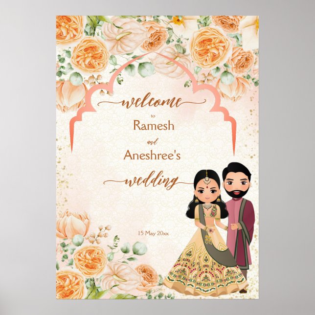 Póster Flores de rosa linda pareja de novias india bienve (Frente)