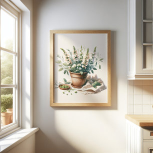 Póster Flores de salvia y dulce en maceta de arcilla