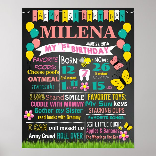 Póster Flores de signos de tiza de primer cumpleaños para (Frente)