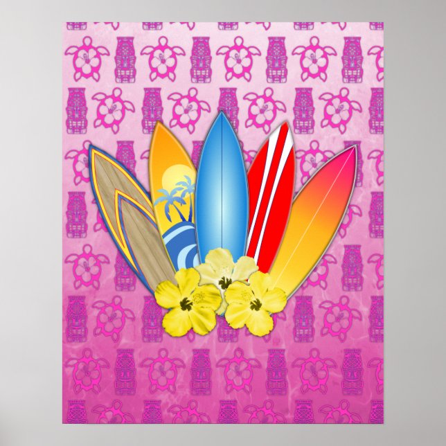 Póster Flores de Surfboard e Hibiscus (Frente)