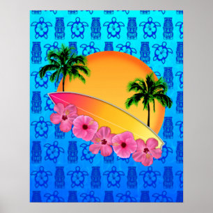 Póster Flores de Surfboard e Hibiscus