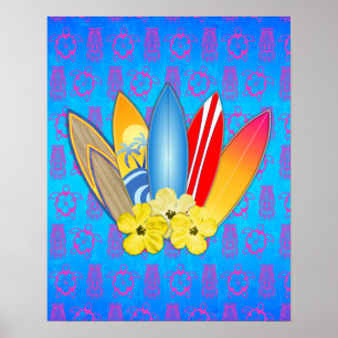 Póster Flores de Surfboard e Hibiscus