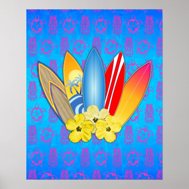 Póster Flores de Surfboard e Hibiscus (Frente)