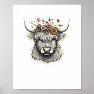 Póster Flores de ternera de vaca cortada Ilustracion mano