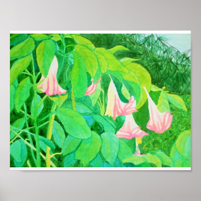 Póster Flores de trompeta y cipreses acuarela (Frente)