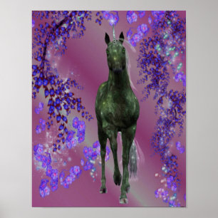 Póster Flores de unicornio negras Fantasy Horse Art