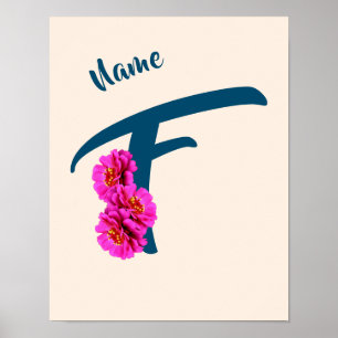 Póster Flores de Zinnia Monograma Inicial F Personalizado
