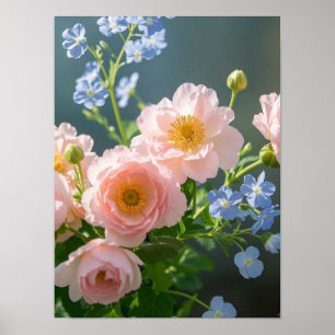 Póster Flores delicadas rosa azul
