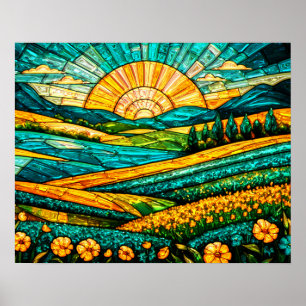 Póster Flores Doradas Campo Verde Falso Vidrio Teñido