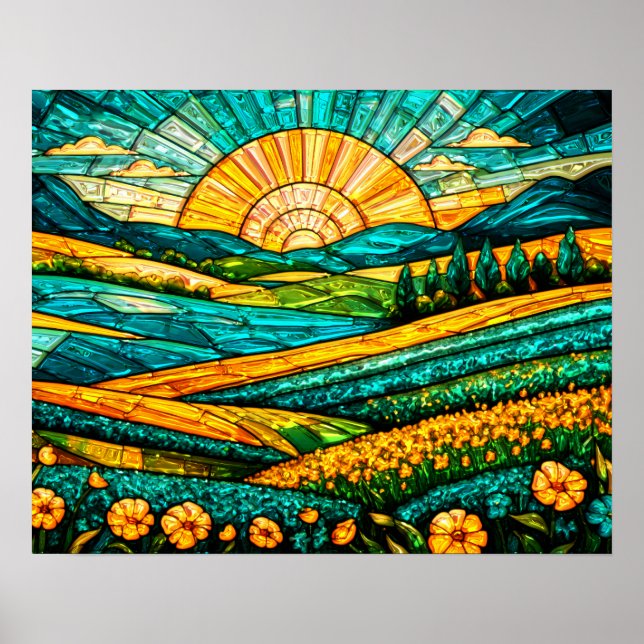 Póster Flores Doradas Campo Verde Falso Vidrio Teñido (Frente)