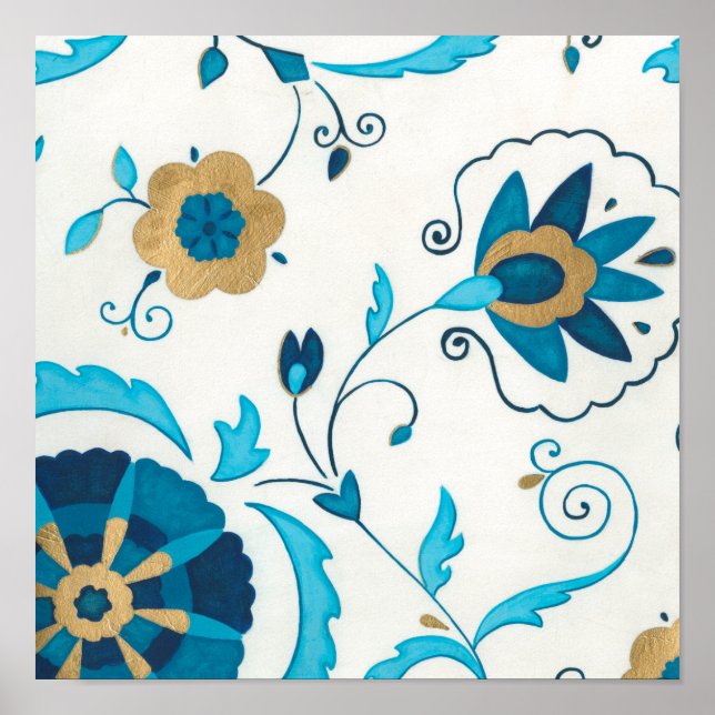 Póster Flores doradas índigo con fondo blanco (Frente)
