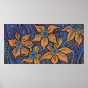 Póster Flores doradas, pintura pastel decorativa, flores