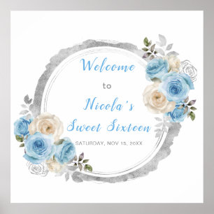 Póster Flores Dusty Blue Silver Elegante Dulce Dieciséis