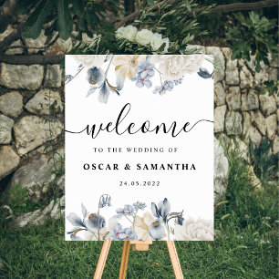 Póster Flores Elegantes De Invierno Azul Y Blanco