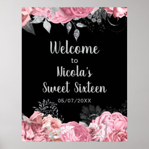 Póster Flores elegantes de rosa y plata Sweet Sixteen