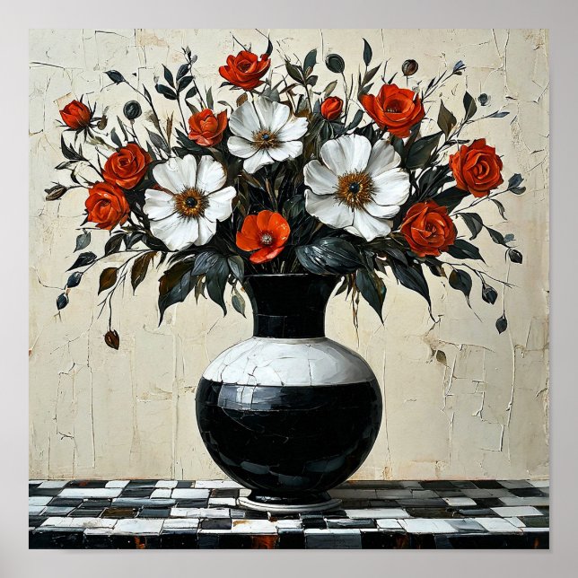 Póster 🌸 Flores Elegantes en Florero Bodegón Botánico (Frente)