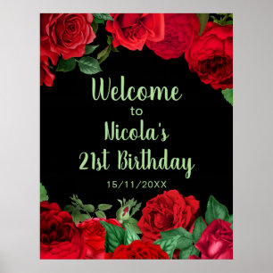 Póster Flores Elegantes Rosas Rojas Fiesta de Cumpleaños