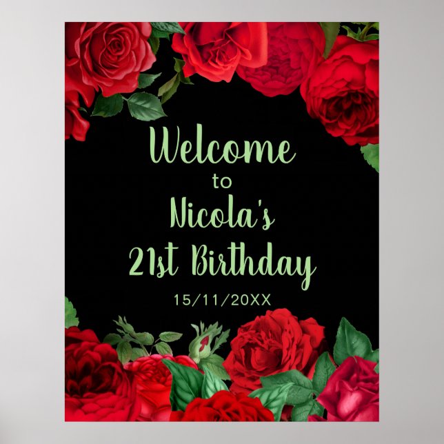 Póster Flores Elegantes Rosas Rojas Fiesta de Cumpleaños (Frente)