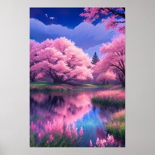 Póster Flores en azul, árboles sakura junto al río