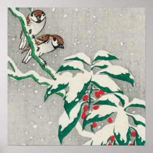 Póster Flores en el Snowy Berry Bush de Ohara Koson