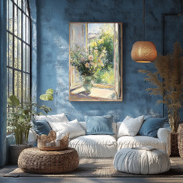 Póster Flores en jarrón junto a ventana iluminada por el 