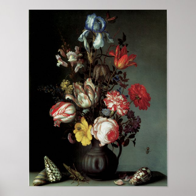 Póster Flores en una barrera con conchas e insectos (Frente)