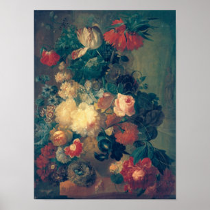 Póster Flores en una barrera con nido de pájaro