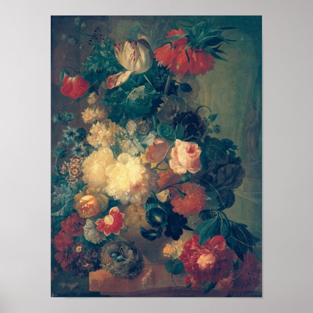 Póster Flores en una barrera con nido de pájaro (Frente)