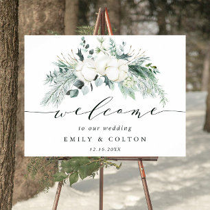 Póster Flores Evergreen y Cotton Elegante Bienvenida Boda