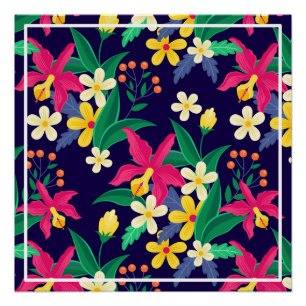 Póster Flores exóticas coloridas patrón de hojas-23021