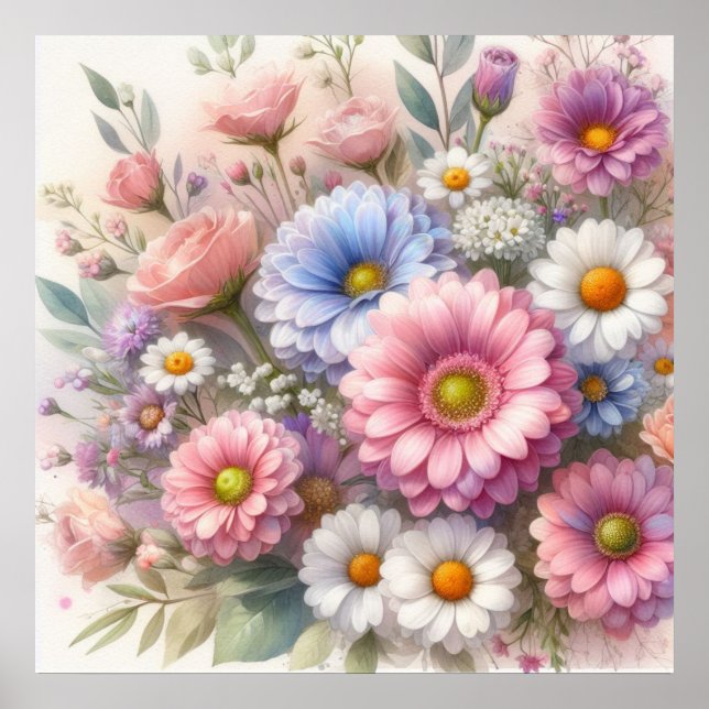 Póster Flores florales botánicas de verano acuarela (Frente)