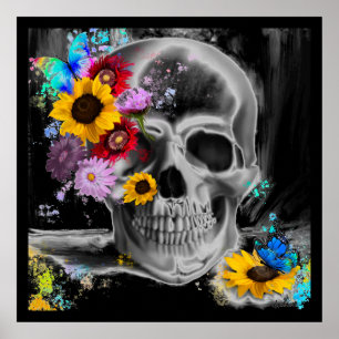Póster Flores florales de cráneo de azúcar gótica maripos